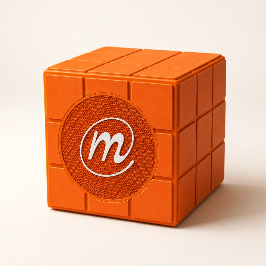 Studio product render of the orange Merci Internet speaker